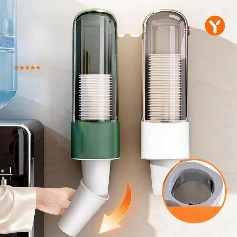 1pc Wall Mount Disposable Cup Dispenser Punch-Free Dustproof Cup Storage Holder for Home