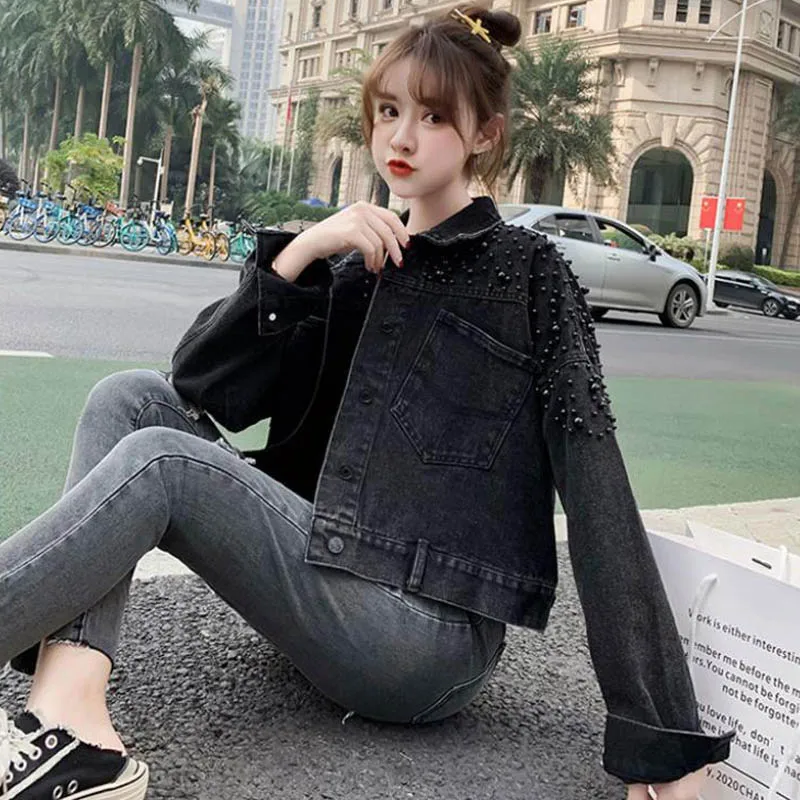 

2024 Spring Autumn Beading Woman Denim Jacket New Streetwear Rivet Long Sleeve Top Casual Beaded Pearls Loose Jeans Coat Clothes