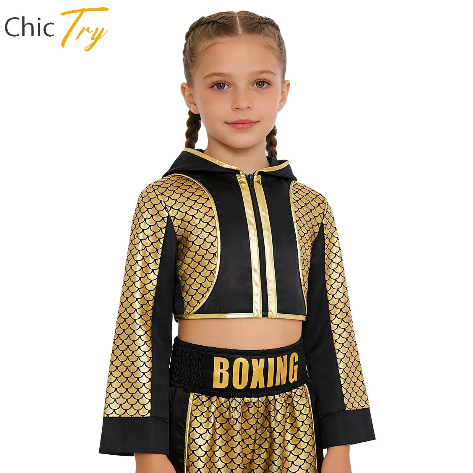 

Muay Thai Boxing Robe for Kids Girls Metallic Fish Scale Print Hooded Long Sleeve Mermaid Crop Top Halloween Cosplay Costume
