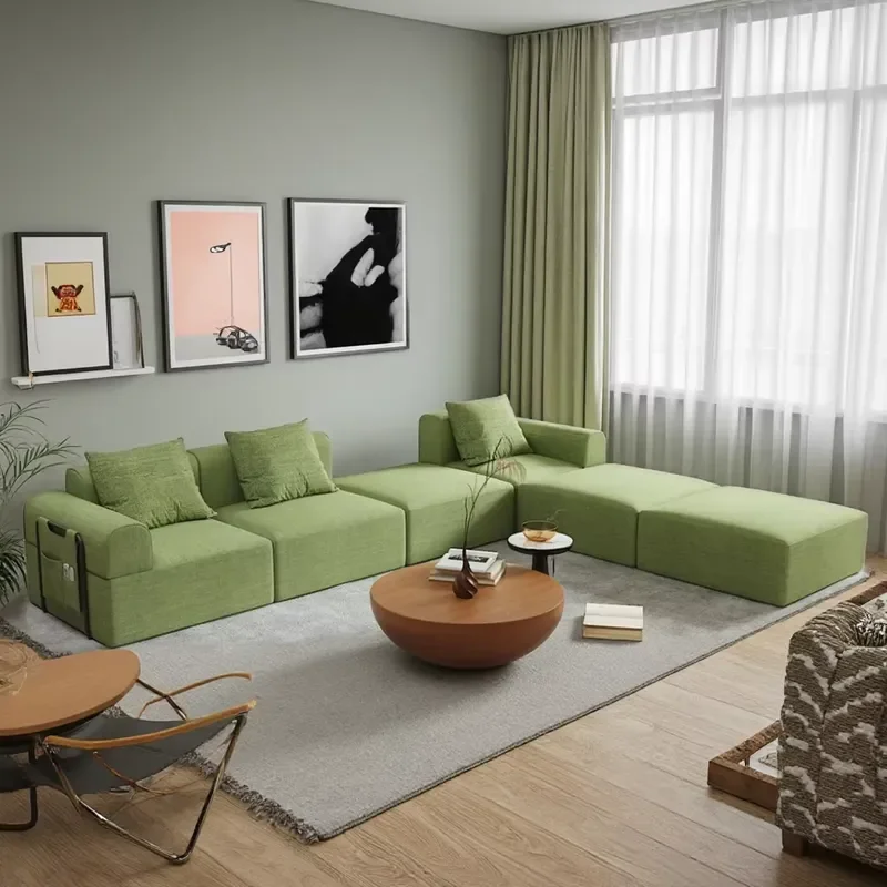 for Modern 3-Seat Modular Combination Sofa Set Green Fabric Compression Convertible Sofa with 3 Pillows Popular in Apartments