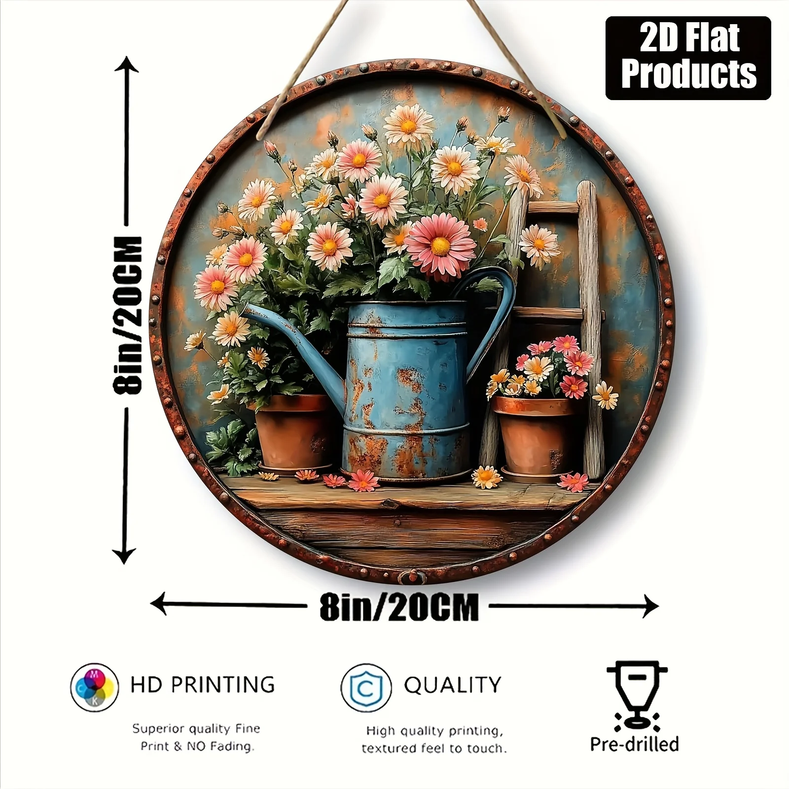 2D flat, 1pc, round wooden decorative sign with vintage garden watering can and floral design theme, suitable for bar kitchen ca