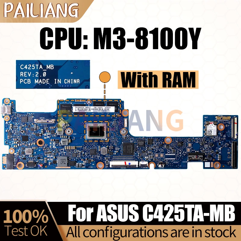 For ASUS C425TA-MB Notebook Mainboard Laptop REV:2.0 SRD23 m3-8100Y 60NX02G0-MB3231 With RAM Motherboard Full Tested