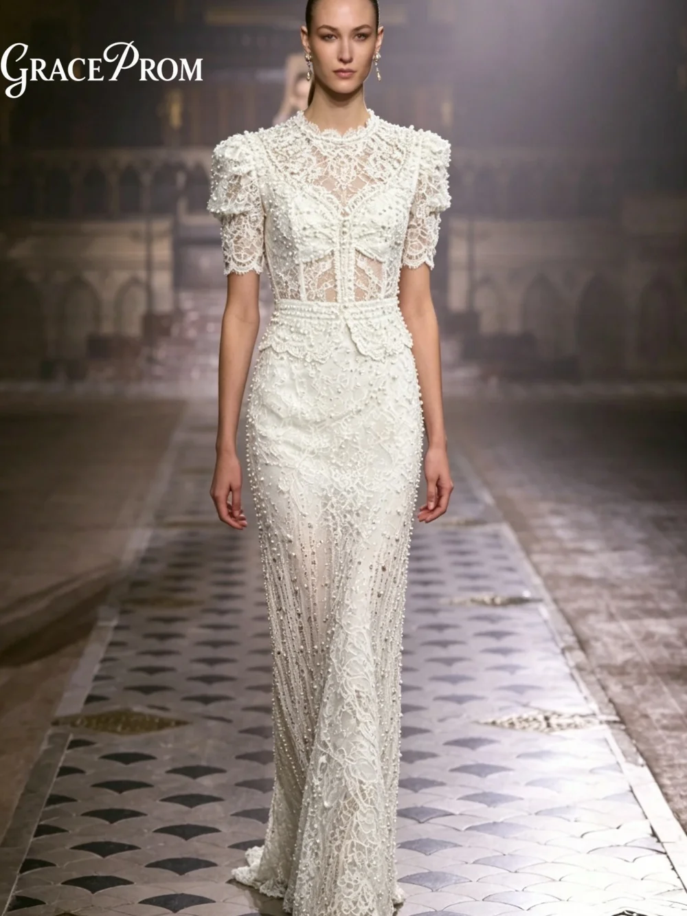 

Vintage Pearl Lace White Mermaid Party Dress 2026 High Neck Puff Short Sleeve Sheer Evening Gown For Wedding Guests فساتين سهرة