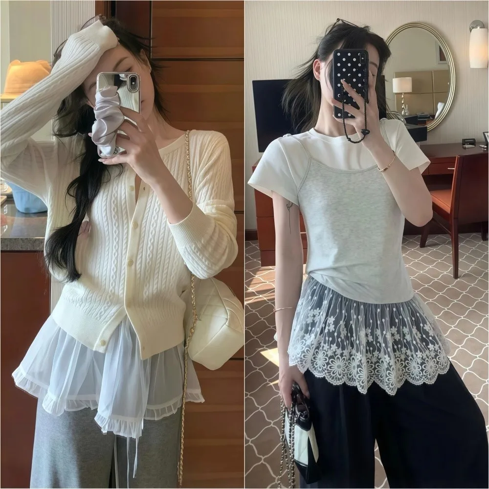 

Универсальная французская мини-юбка с кружевом и шнуровкой в стиле Y2K, уличная мода, с вышивкой, драпировкой, в стиле Харадзюку, юбка-фартук с джинсовыми элементами