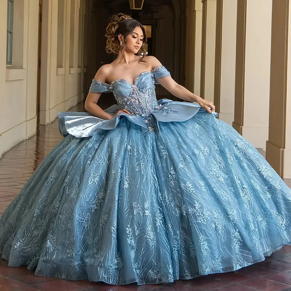 Blue Quinceanera Dresses Ball Gown Off The Shoulder Lace Beaded Sweet 16 Dresses 15 Años Customized