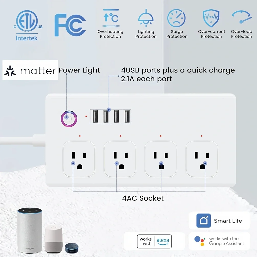 Matter smart power board, APP voice control, 4 USB-A, 5-feet power cord, French standard plug, suitable for home office white