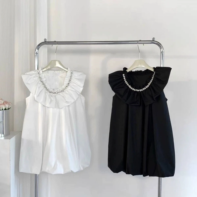 Robe de poupée de luxe à col Lotus clouté en diamant pour femme, mignonne, sans manches, ample, bourgeon, nouvelle collection été, robes courtes décontractées