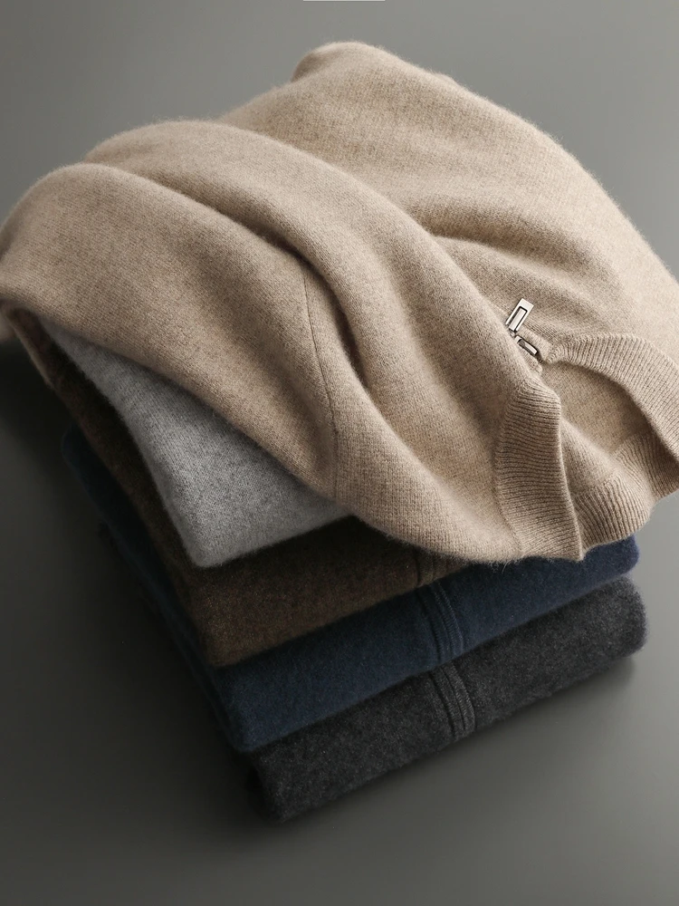 

100% Cashmere Men's Warm Sweater Round Collar Thickened Zippered Cardigan Autumn Winter New Cashmere Knitted Long Sleeve Tops