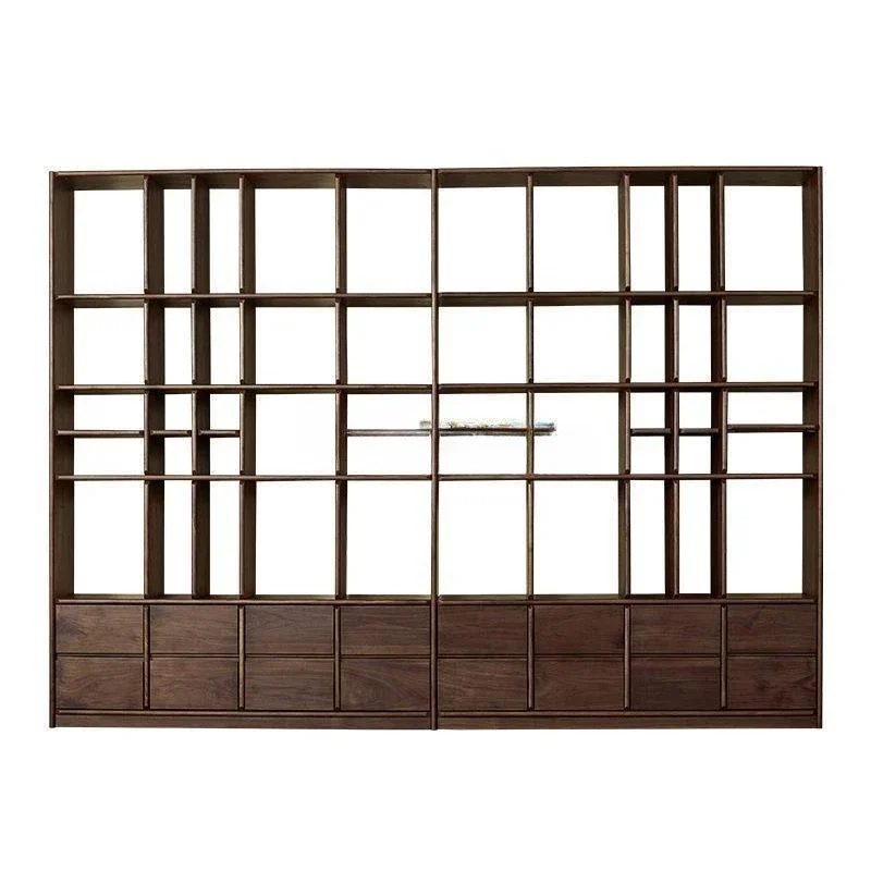 

black walnut light luxury Japanese simple floor combination bookshelf lattice storage solid wood storage cabinet