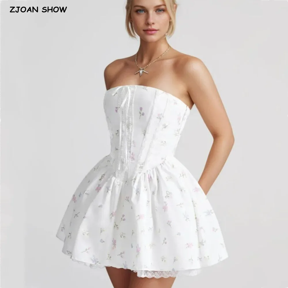 Sexy mujer blanco con estampado de flores Cruz cordones vendaje arco espalda vestido sin tirantes cintura baja vestido de fiesta Swing Mini vestidos