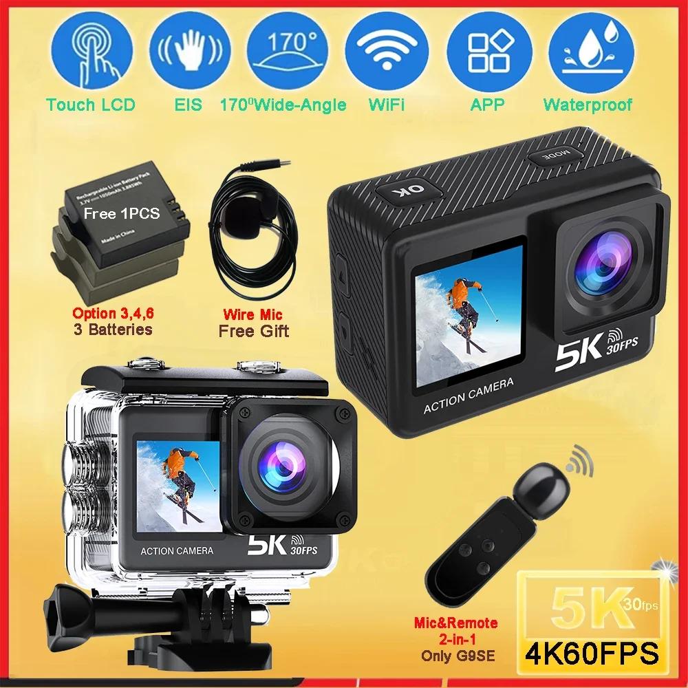 

G9S Action Camera 5K30FPS 4K60FPS 50MP 2.0 Touch LCD EIS Dual Screen Wi-Fi 170D DVR Webcam Waterproof 30M 5X Zoom Sports Camera