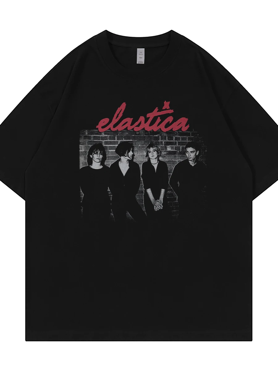 Elastica Band Britpop Vintage American Street Loose Shoulder Pure Cotton round Neck Rock Short Sleeve T-Shirt Black Casual Style