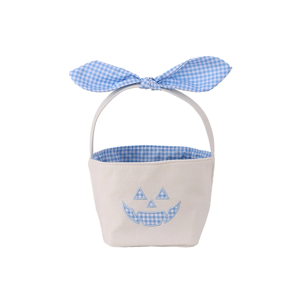 Kleiner Kürbis-Halloween-Korb aus Segeltuch, Süßigkeiten-Eimer mit Gingham-Schleifengriff für Kinder, Trick-or-Treat-Party-Dekoration – Detail 4
