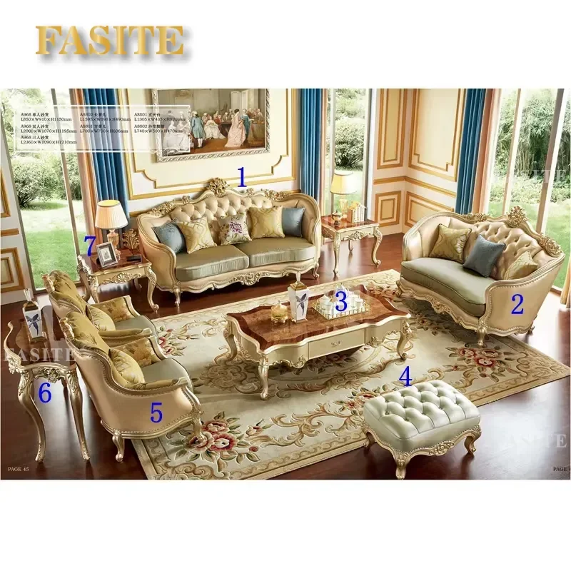 For Living Room Classic Luxury European Style Sectional Sofa Set High Density Sponge Wooden Frame Leather Couch Furniture