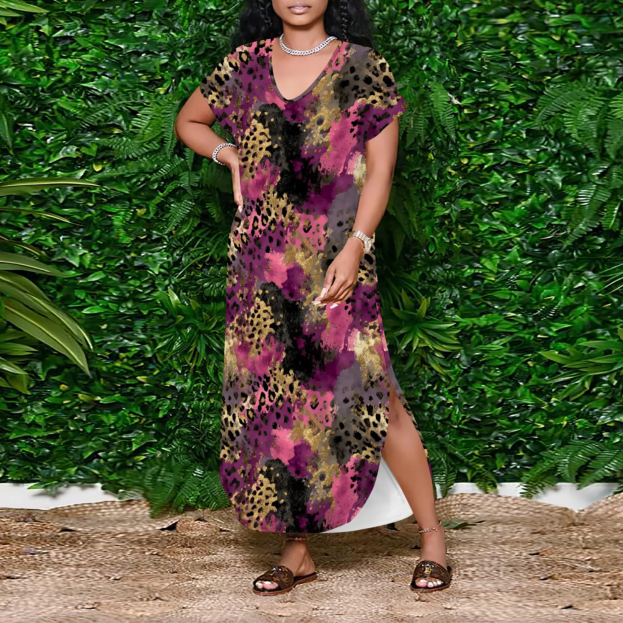 Abito estivo da donna casual a maniche corte con scollo a V, maglietta lunga, maxi abiti da spiaggia con spacco laterale ampio e tasca