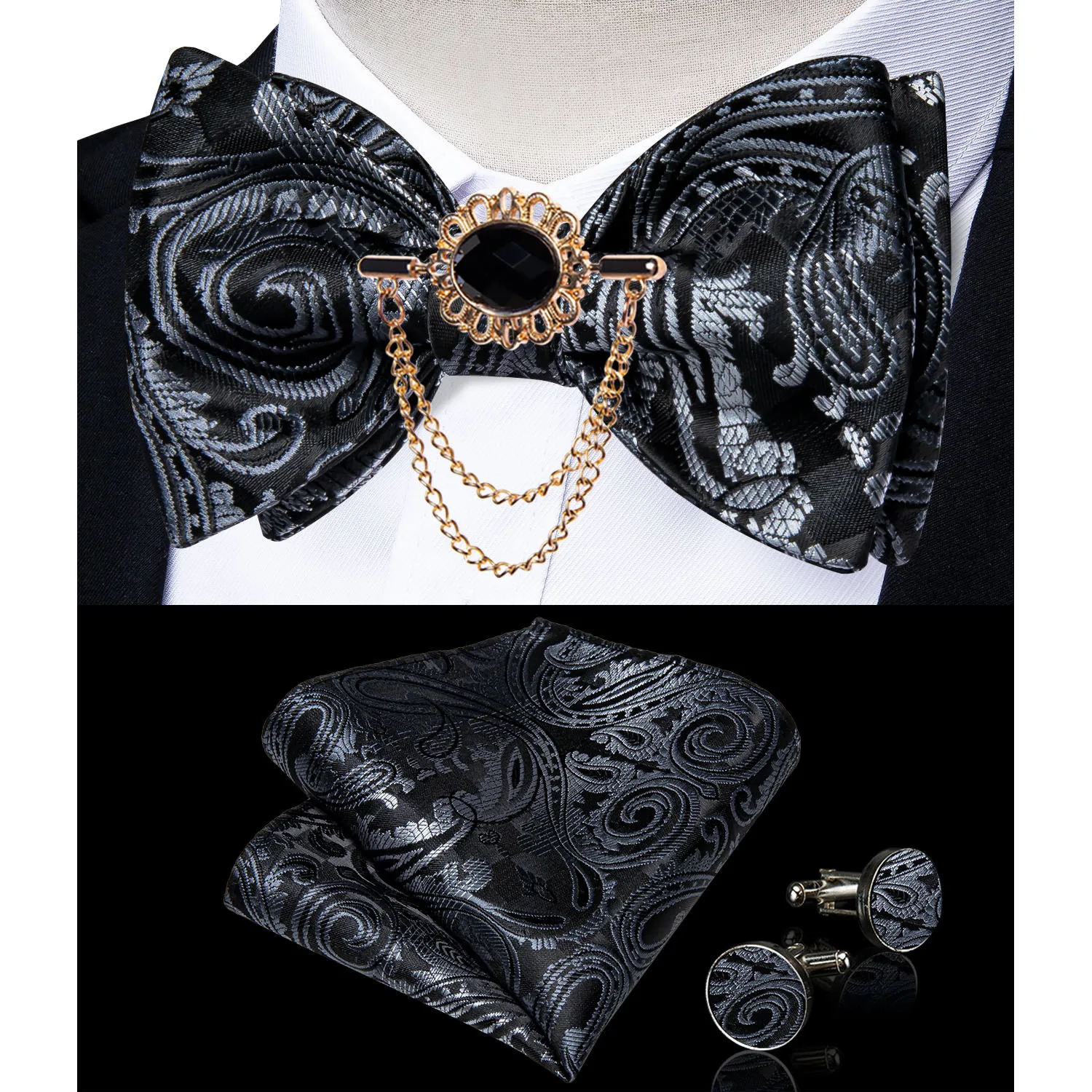 Exqusite männer Selbst-krawatte Bowties Hochzeit Krawatten Für Mann Zubehör Manschettenknöpfe Hanky Brosche Set Rot Schwarz Gelb blau Bowtie – Detail 38