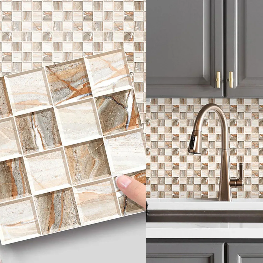10Pcs Tile Stickers Wall  PVC Waterproof Kitchen Bathroom Paste 10x10cm Wall Tile Stickers DIY Home Decoration
