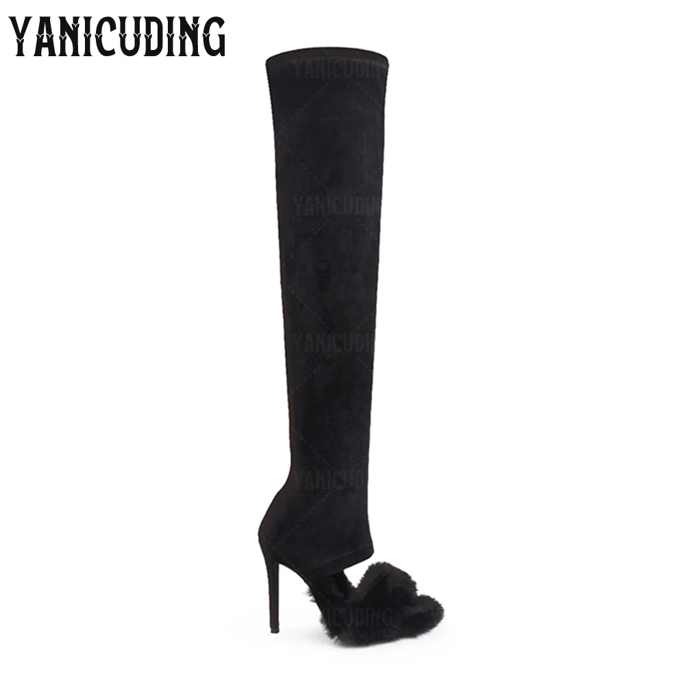 Faux Furr over the Knee Boots Peep Toe Slip on Women Boots Multicolor Faux Fur Stretch Boots Fashion Style Open Toe Women Boots