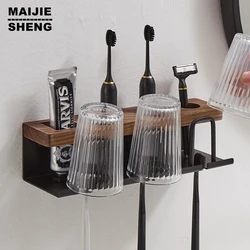 Wall Mounted Toothbrush Holder Aluminium Alloy+Wood Toothpaste Rack Bathroom Household Space Saving Organized Toothbrush