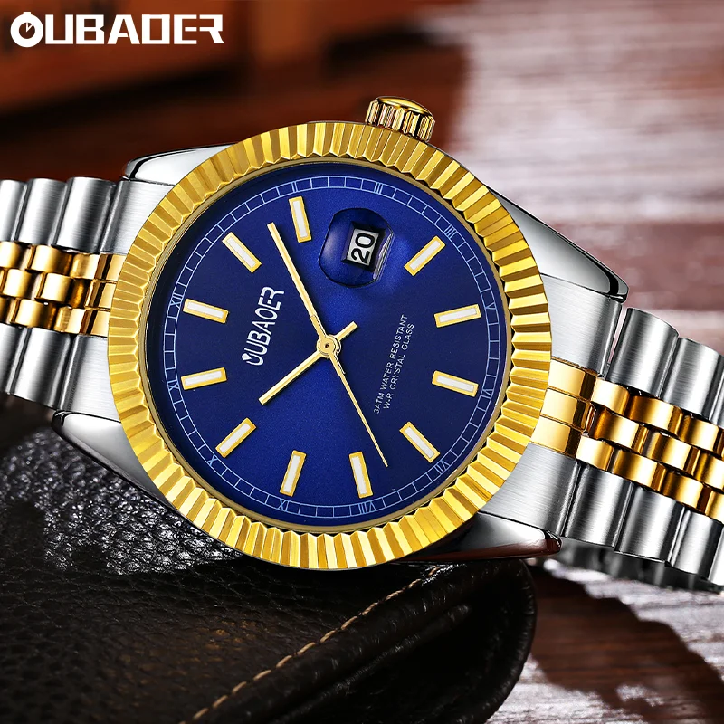 OUBAOER Man Stainless Steel Strap Transparent Mineral Crystal Watches Men's Waterproof For Daily Errands Quartz Wristwatch