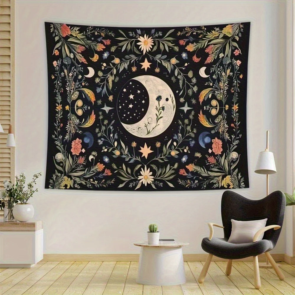 

1pc Charming Moon Phases and Floral Bohemian Tapestry Wall Hanging - Vibrant celestial floral pattern, machine washable