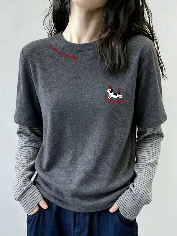 Deep Grey Long Sleeve T-Shirt Women's Loose Slimming Base Shirt Top Color Block Design Polyester Fiber Comfortable Soft Style