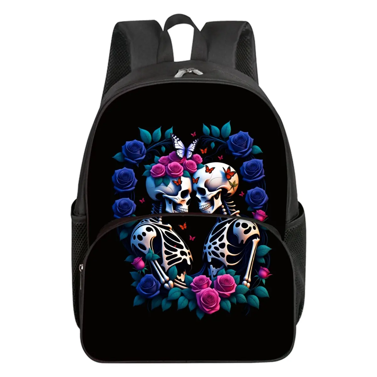 Skull Flower Print School Backpack for Boys/Girls Best Gift Waterproof 2D Flat Cartoon Round Front Pocket Bag for Children