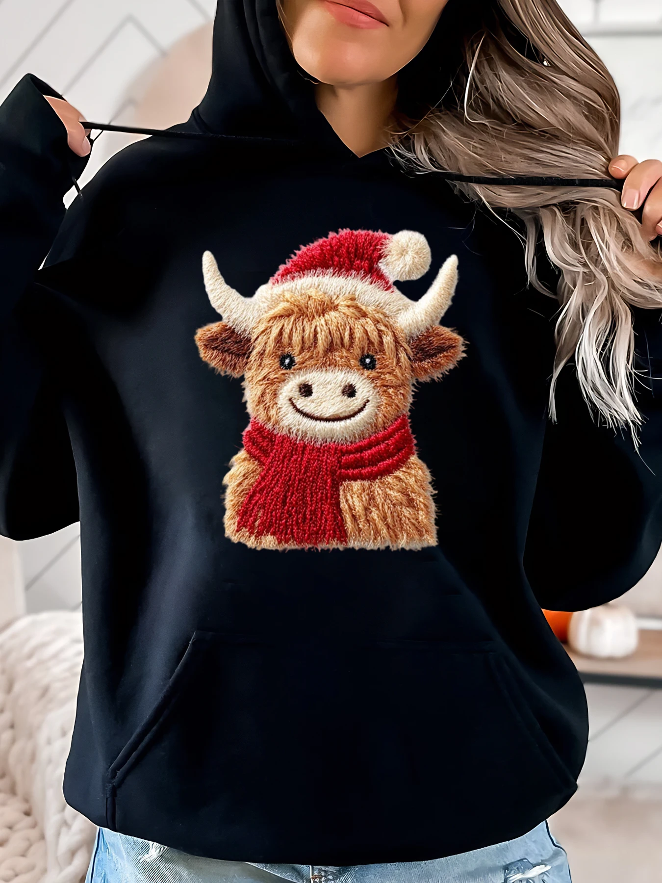 

Рождественская шапка Санта-Клауса с шарфом и принтом, женская повседневная зимняя праздничная одежда, черная, больших размеров