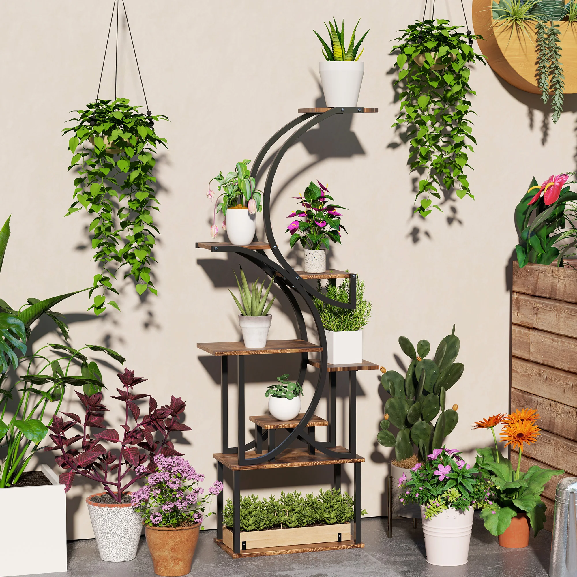 8 Tier Plant Stand, 62" S-Shaped Plant Shelf, Carbonized Finish