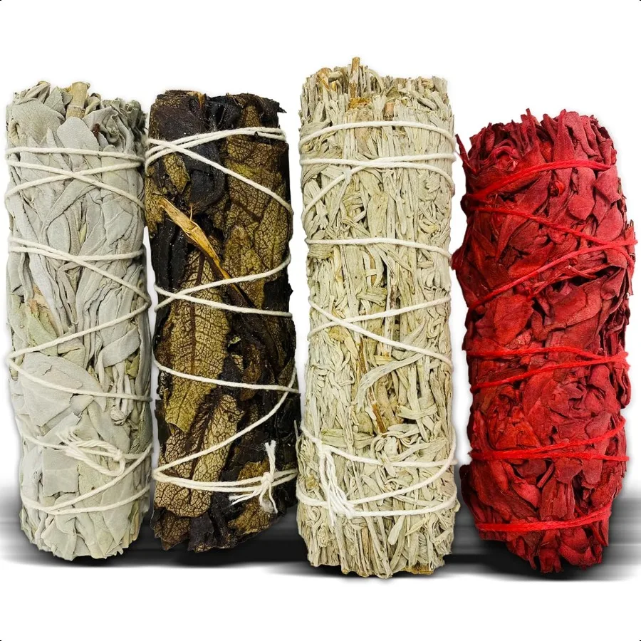 

Sage Starter Kit for Cleansing Negative Energy. Variety Pack of 4 which Includes White Black Blue and Red Sage Dragon Blood