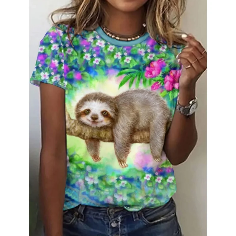 

Футболка с рисунком кота, лисы, ленивца для женщин, забавные летние свободные футболки с короткими рукавами и 3D принтом животных, топы с круглым вырезом, футболки, уличная одежда