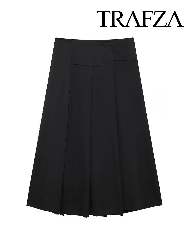 TRAFZA Women's Spring Fashion Design Basic Versatile Wide Pleated Midi Skirt Female Elegant Mid-Waist Ankle-Length 2-Color Skirt