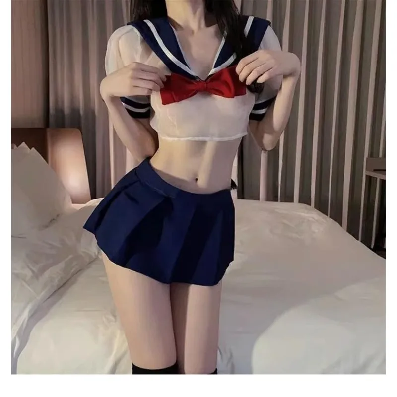 

Нижнее белье, плотная студенческая униформа моряка, прозрачный бант, полый короткий дизайн, сексуальная женская сексуальная униформа, комплект искушения