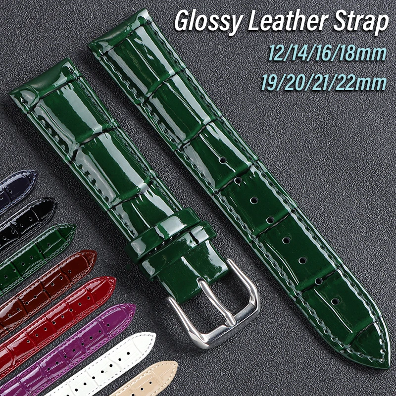 Glossy Leather Watch Band 12/14/16/18/19/20/21/22mm Croc Embossed Cowhide Strap Shiny Fashion Universal Replacement Wristband