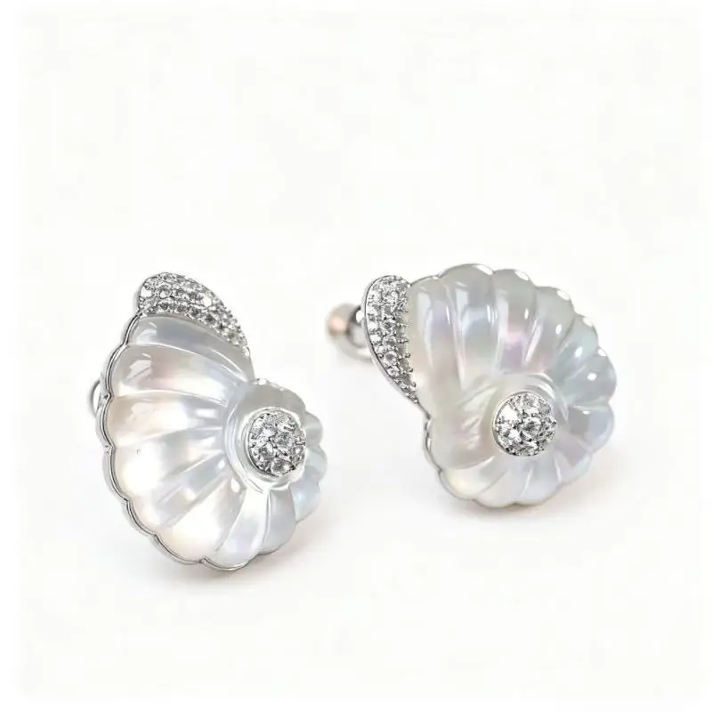 

BELLUX Pure Silver Artificial Gemstone White Crystal Shell Carving Conch Ring Earrings Fashion Fine Jewelry Set