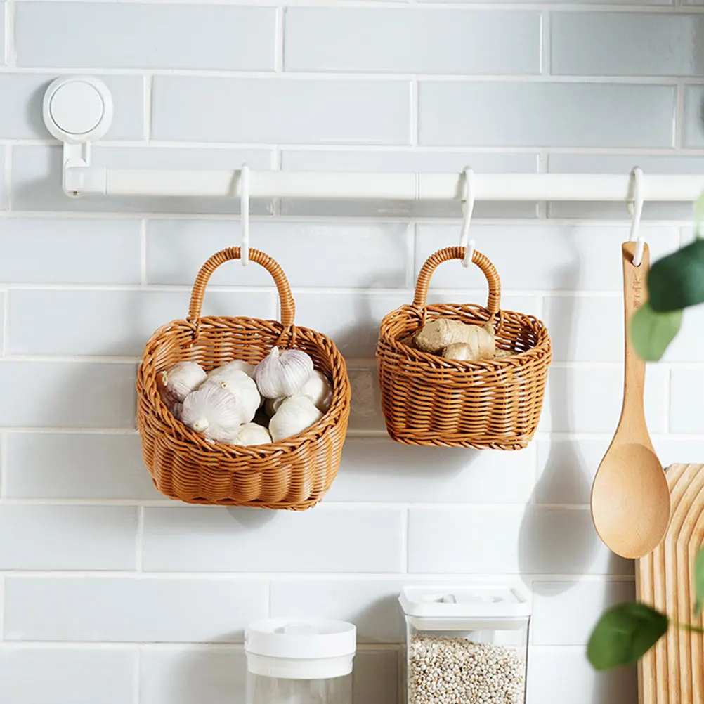 

2pcs Kitchen Woven Baskets Large Small Storage Wall Hanging Vegetable Fruit Basket Ginger Garlic Natural Rattan Home