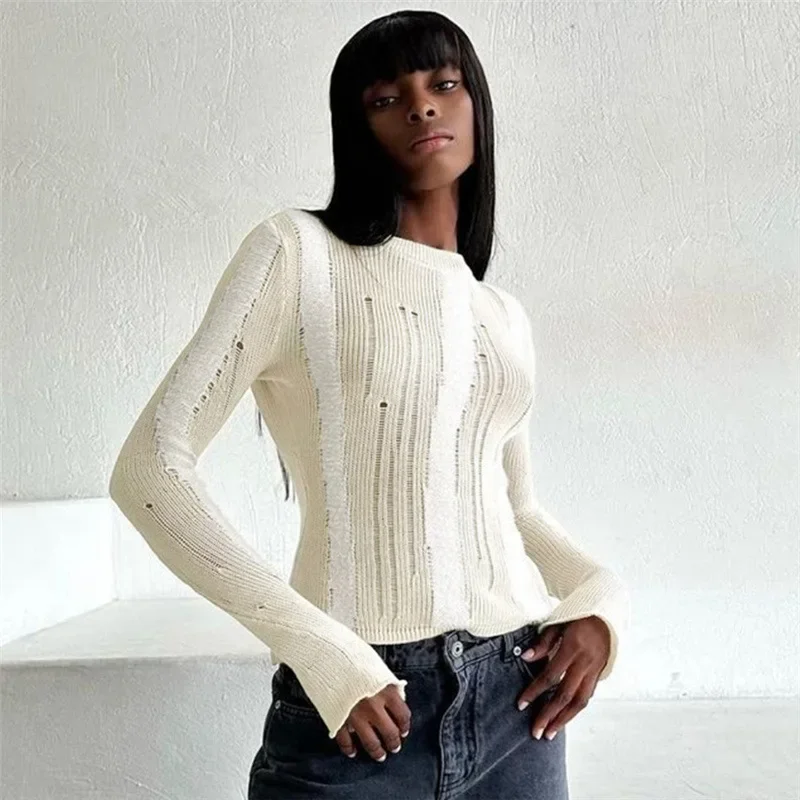 Sexy Hole Knitted Pullovers for Women Autumn Winter Fashion Long Sleeve O-neck Sweater Female Casual Jumpers Knitwear 2023