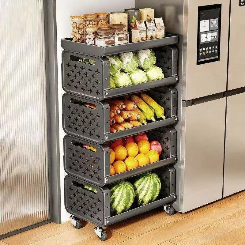 Kitchen Rolling Storage Cart, Multi-Tier Black Metal Organizer With Pull-Out Baskets For Fruit Vegetable Kitchen Pantry Gap