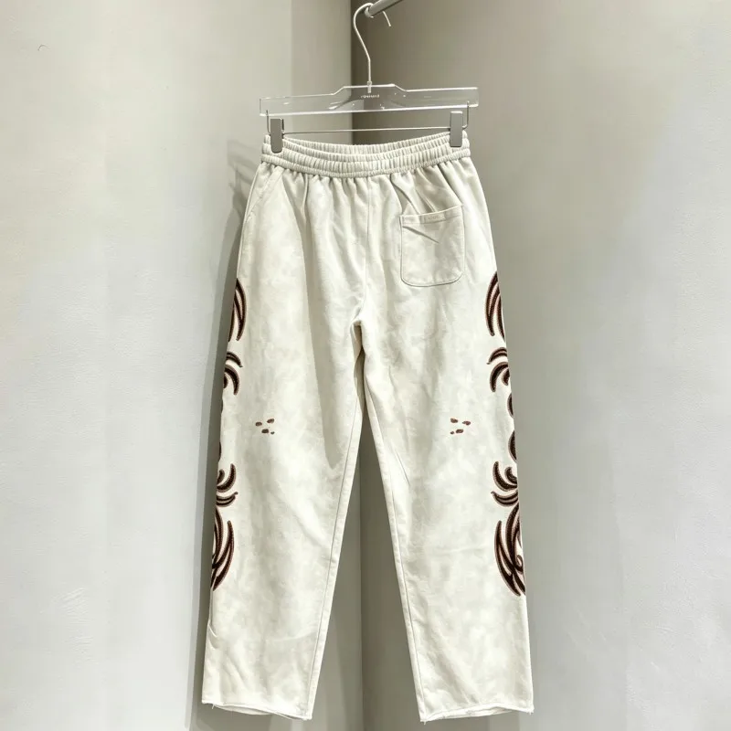 Red Flame Love Graffiti Vintage Distressed Washed Worn Cutting Drawstring Pants Men Women DUAA Sweatpants Hiphop Street Trousers