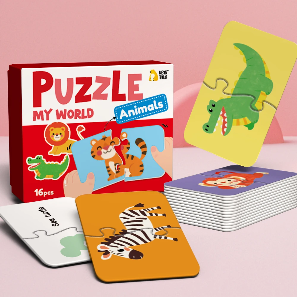 Animal-themed matching puzzle cards, double-sided cognitive flashcards, educational learning game puzzle set gift.
