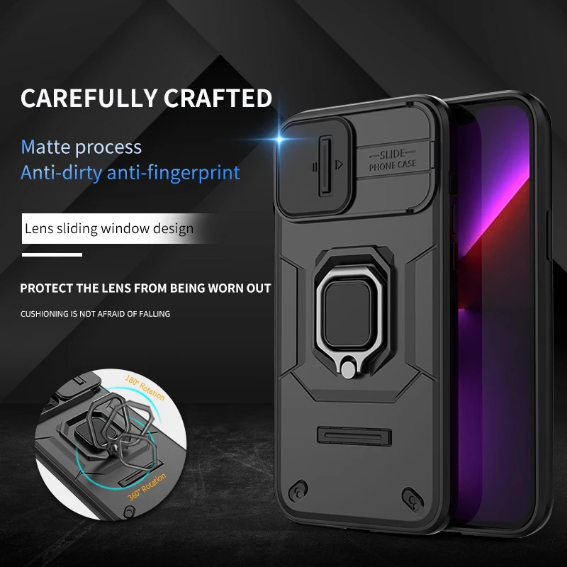 Coque For iPhone 15 Pro Max Case Shockproof Armor Ring Slide Lens Protect Back Funda For Apple iPhone 13 14 15 Plus Phone Cover