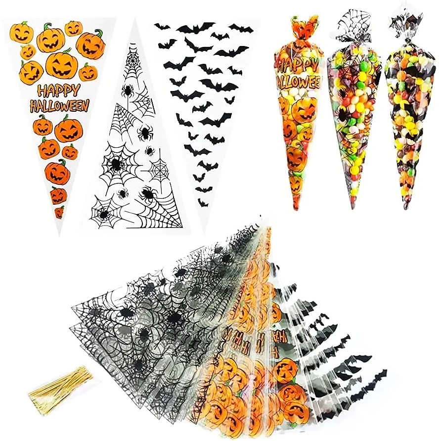 100Pcs Torba do pakowania Halloween Torba do pakowania popcornu Torba na Halloween Torba na cukierki Torba na stożek nietoperz Torba na stożek