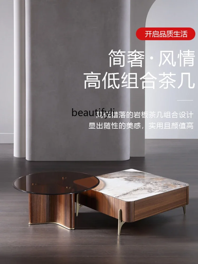 

ss7304 Square and round Italian Minimalist Stone Plate Coffee Table Square Glass Modern Minimalist Nordic Light Luxury Combinati
