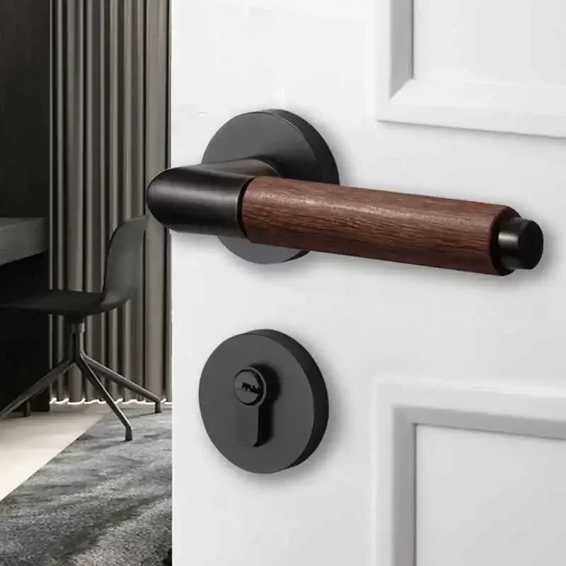 Log wind minimalist magnetic suction mute solid wood room door lock indoor walnut Chinese wind retro wooden door lock handle