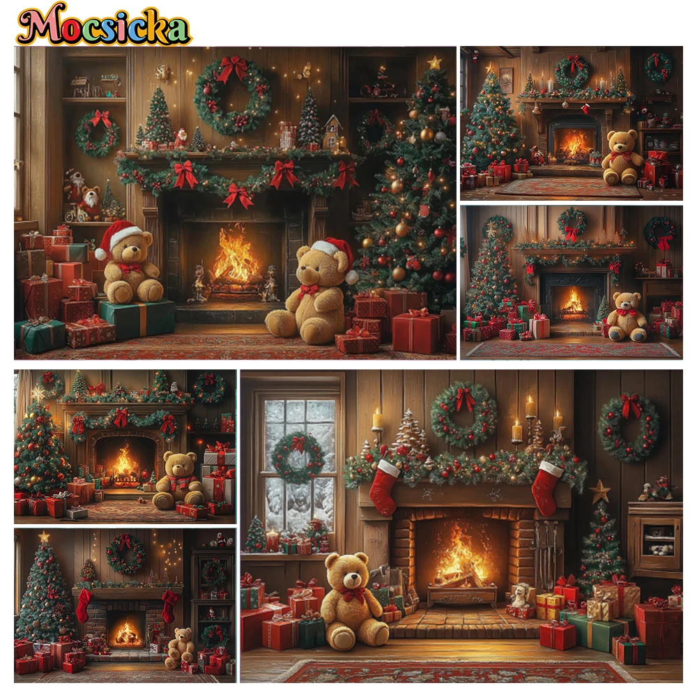 

Mocsicka Winter Christmas Photography Backgrounds Bear Xmas Tree Fireplace Holiday Party Family Photo Backdrops Studio Props
