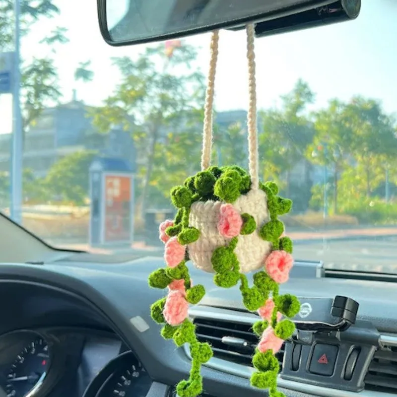 Cesta de ganchillo con plantas en macetas para coche, adorno colgante de flores, accesorios para espejo retrovisor, novedad