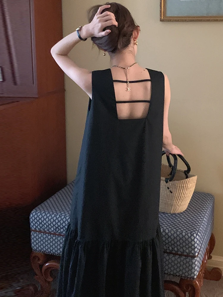 Nowe koreańskie eleganckie sukienki Vintage styl Hepburn sukienka bez rękawów kobiece letnie spódnice z falbanami Halter spódnica z zbiornikiem długa spódnica