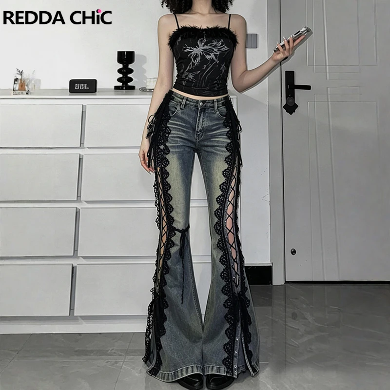 ReddaChic Bandage Low Rise Jeans for Women Y2K Vintage Slim Stretchy Lace Do Old Slit Denim Bell Bottoms Grunge Everyday Wear
