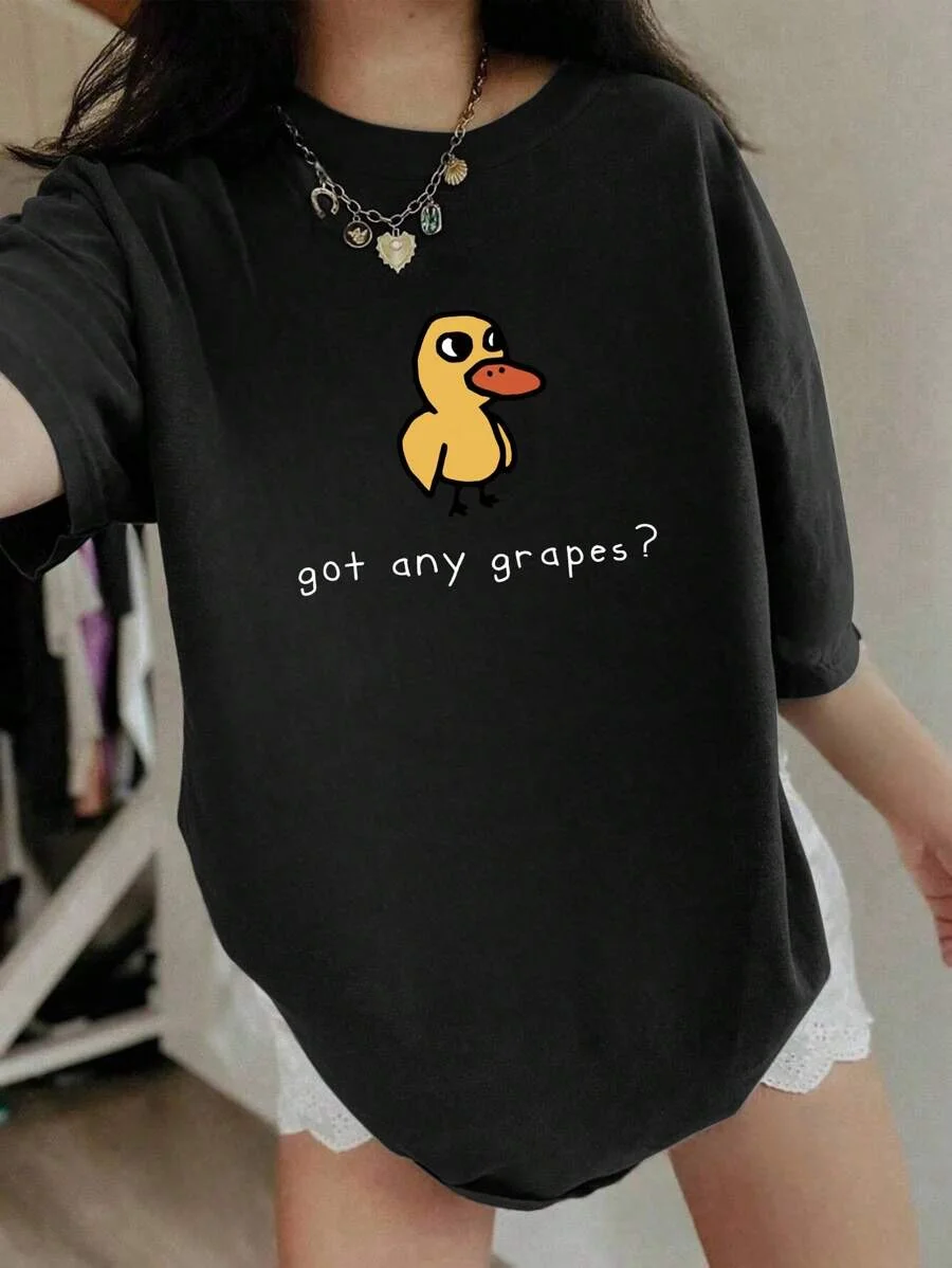 

Plus - Size Fun Casual Tee, Black Short - Sleeve with Cartoon Duck Pattern