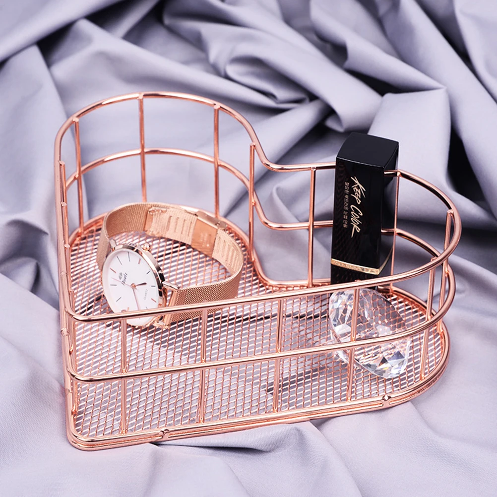 

Heart Shaped Wrought Iron Storage Tray Jewelry Organizer Metal Basket Home Decoration Rose Gold Durable Glass Mirror